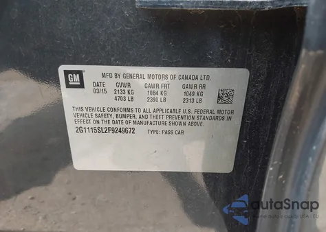 2015 Chevrolet Impala 1Lt из США, поврежденный, VIN 2G1115SL2F9249672